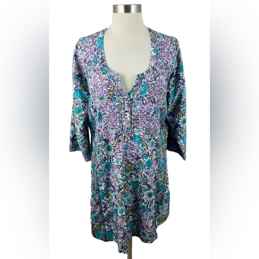 Soft Surroundings M Purple Turquoise Floral Embroidered V Neck Popover Tunic